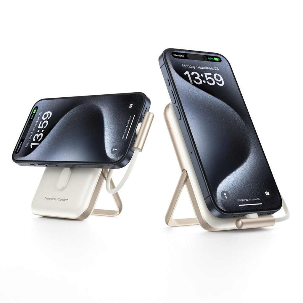 NNEDSZ CHOETECH B735-WH 10000mAh 20W MagLeap Wireless Power Bank White with Phone Holder and Build-in Cable