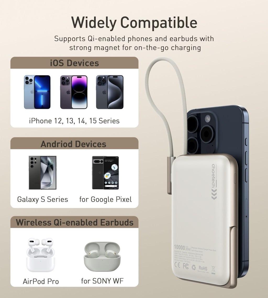 NNEDSZ CHOETECH B735-WH 10000mAh 20W MagLeap Wireless Power Bank White with Phone Holder and Build-in Cable